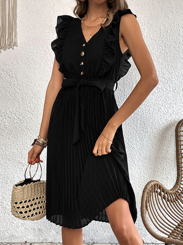 Women's Solid Color Ruffle Summer Pleated Sleeveless Dress